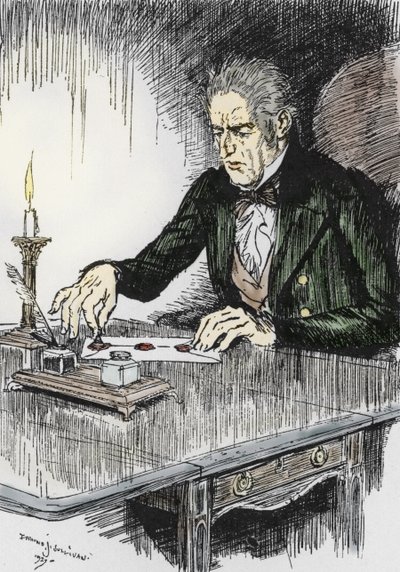 Dr jekyll encerra a carta onde confessa ser Mr Hyde, o assassino, Ilustração de Edmund Joseph Sullivan (1869-1933) para o romance L