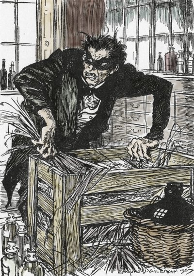 Tohtori jekyll etsii epätoivoisesti jauhoja, joiden avulla hän voisi hävetä herra Hyden hahmoaan, kuvitus Edmund Joseph Sullivanin (1869-1933) romaanille L