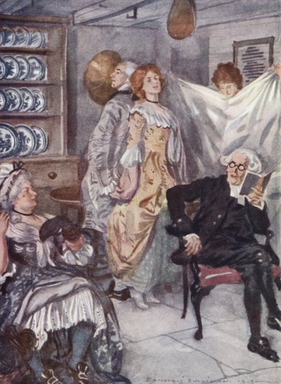 Kuvitus Oliver Goldsmithin teokseen The Vicar of Wakefield (värilitho) tekijältä Edmund Joseph Sullivan