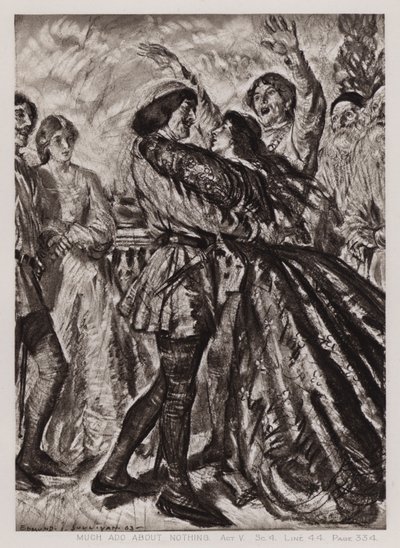 Paljon melua tyhjästä, näytös V, Sc 4 (litho) tekijältä Edmund Joseph Sullivan