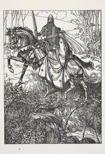 Sir Launcelot ja kuningatar Guinevere, kuvitus Alfred, Lord Tennysonin teoksesta Unelma reiluista naisista... tekijältä Edmund Joseph Sullivan