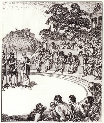 Sokrates tuomareidensa edessä (litho) tekijältä Edmund Joseph Sullivan