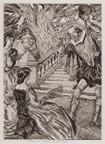 Kahdestoista yö; tai Mitä haluat, Act III, Sc 4 (litho) tekijältä Edmund Joseph Sullivan