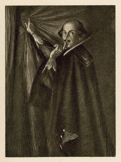 William Shakespeare pitelee verhoa ja käskee meitä olemaan hiljaa (litho) tekijältä Edmund Joseph Sullivan