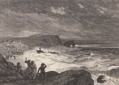 Pelastusveneen rantautuminen (kaiverrus) tekijältä Edmund Morison (after) Wimperis