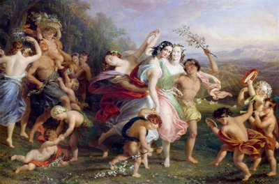 "Matinee de mai" Tanssi ja metsähahmojen kierros, lapset kukkaseppeleissä. Edmund Thomas Parrisin (1793-1873) maalaus 1859. tekijältä Edmund Thomas Parris