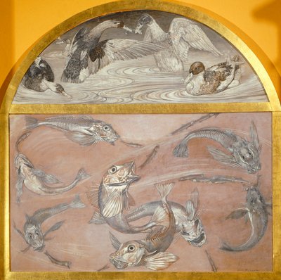 Diptyykki kaloja ja ankkoja lammessa (tempera kortilla,) tekijältä Edoardo Gioja