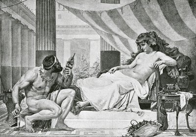 Hercules Omphalen jalkojen juurella (litografia) tekijältä Edouard-Joseph (after) Dantan