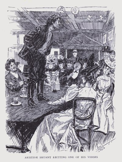 Boheemi Pariisi: Aristide Bruant lausuu yhtä säkeistöstään (litografia). tekijältä Edouard Alfred (1875 1954) Cucuel