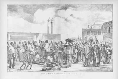 Markkinapaikka Goreessa, kuvitus Henri Freyn "Cote Occidentale d"Afrique..." -teoksesta, 1890 tekijältä Edouard Auguste Nousveaux