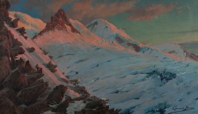Kaksi vuorikiipeilijää saapumassa Les Grands Muletsiin (Mont-Blancin vuoristo) (öljy pahville) tekijältä Edouard Brun