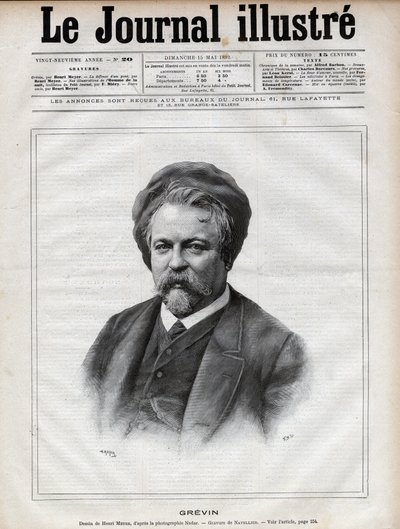 Alfred Grevin (1827-1892) kuvanveistäjä, sarjakuvapiirtäjä, sarjakuvapiirtäjä, sarjakuvapiirtäjä ja ranskalaisten teatteripukujen suunnittelija - Navellierin kaiverrus Nadarin valokuvan jälkeen "The Illustrous Journal" -lehdessä vuonna 1892 tekijältä Edouard Felicien Eugene Navellier