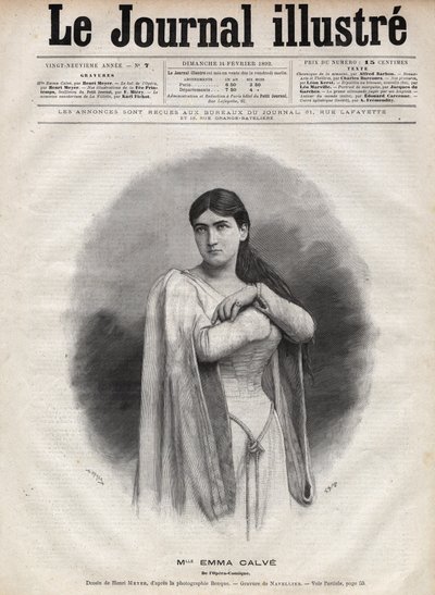 Muotokuva Emma Calvesta (Rosa Noemie Emma Calvet de Roquet, toim.) (1858-1942), ranskalainen sopraano - Navellierin kaiverrus "The Illustrous Journal" -lehdessä 1892 tekijältä Edouard Felicien Eugene Navellier