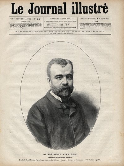 Ernest Lavissen (1842-1922), ranskalaisen historioitsijan ja akateemikon muotokuva - Navellierin kaiverrus "Le journal illustrious" -julkaisussa 1892 tekijältä Edouard Felicien Eugene Navellier