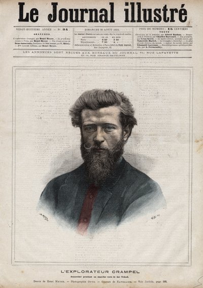 Ranskalaisen Keski-Afrikan tutkimusmatkailijan Paul Crampelin (1864-1891) muotokuva - Navellierin kaiverrus "Kuvallinen päiväkirja" vuodelta 1891 tekijältä Edouard Felicien Eugene Navellier