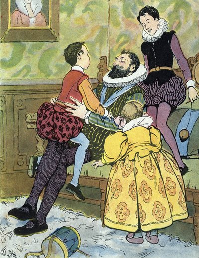 Ranskan kuningas Henri IV leikkii lastensa kanssa (1553-1610) Edouard Zierin kuvitus teoksessa "Nos-Gloriers-Nationales" 1920 Collection Privee tekijältä Edouard Francois Zier