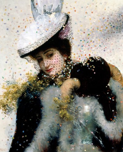 Talvihäät. Turkistakkiin, muffiin ja hunnuhattuun pukeutunut nuori nainen hymyilee konfettisateen alla. Edouard Frederic Wilhelm Richterin (1844-1913) maalaus Öljy kankaalle. Yksityiskokoelma. tekijältä Edouard Frederic Wilhelm Richter