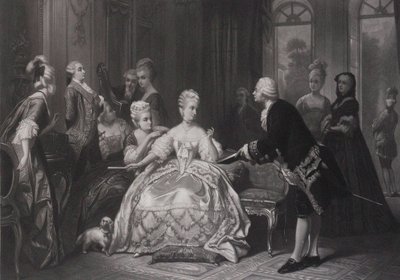 Christoph Willibald Gluck luovuttaa kuningatar Marie Antoinettelle oopperan..., partituurin Trianonissa. tekijältä Edouard Jean Conrad Hamman