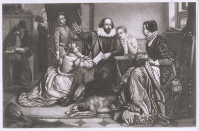 Shakespeare perheensä kanssa Stratfordissa, lausumassa Tragedia Hamletia (pistekaiverrus ja etsaus) tekijältä Edouard Jean Conrad Hamman