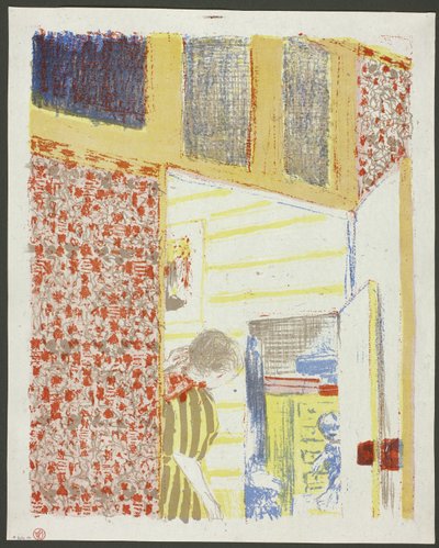 Sisustus vaaleanpunaisella tapetilla III, levy seitsemän teoksesta Maisemat ja sisätilat. tekijältä Édouard Jean Vuillard