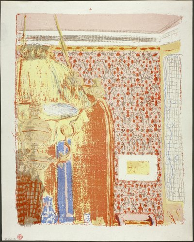 Sisustus vaaleanpunaisella tapetilla II, levy kuusi teoksesta Maisemat ja sisätilat. tekijältä Édouard Jean Vuillard
