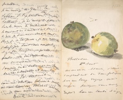 Kirje Eugène Mausille, koristeltu kahdella omenalla, 2. elokuuta 1880. tekijältä Édouard Manet