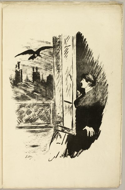 Ikkunalla ("Avaa tästä, heitin kaihtimen..."), Korppista (Le Corbeau) tekijältä Édouard Manet