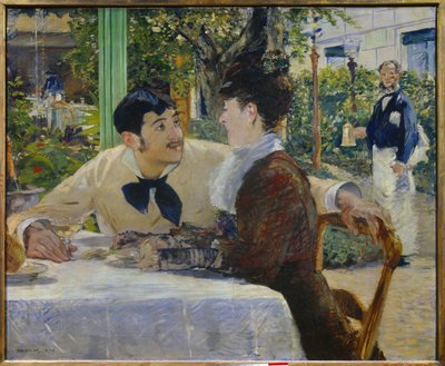 Isä Lathuille. Ulkona Pariskunta juo lasin samppanjaa ulkoravintolan terassilla lähellä Place de Clichyä Pariisissa (Montmartre). Edouard Manet