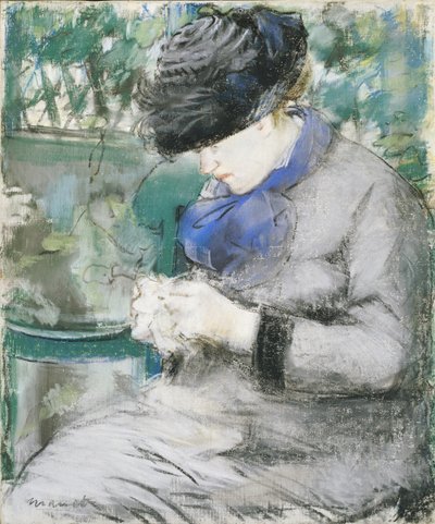 Tyttö istuu puutarhassa tai neulo, 1879 tekijältä Édouard Manet