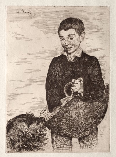 Lapsi koiran kanssa ostoskassin kanssa tekijältä Édouard Manet