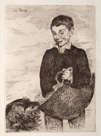 Lapsi koiran kanssa ostoskassin kanssa. tekijältä Édouard Manet