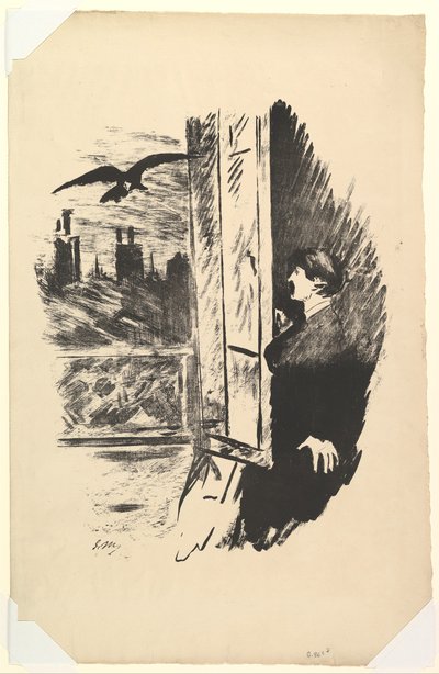 Avaa tästä I Flung the Shutter. Kuvitus Edgar Allan Poen korpille, 1875. tekijältä Édouard Manet