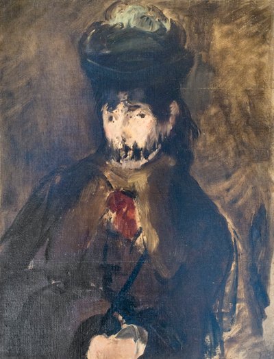 Berthe Morisotin muotokuva hunnussa, n. 1872 (öljy kankaalle) tekijältä Édouard Manet