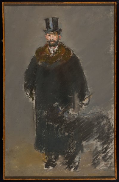 Mies koiran kanssa, n. 1882 (pastelli kankaalle, harmaa guassipohja) tekijältä Édouard Manet