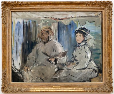 Taidemaalari Claude Monet (1840-1926) studiossaan. (Hänen rinnalla hänen vaimonsa Camille, työpajaveneessä). Edouard Manet