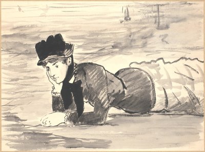 Nainen makaa rannalla. Annabel Lee tekijältä Édouard Manet