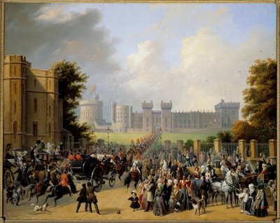 Louis Philippe I:n (1773-1850) saapuminen Windsorin linnaan 10.8.1844 Edouard Pingretin (1788-1875) maalaus 1845 su. 1,28x1,6 m tekijältä Edouard Pingret