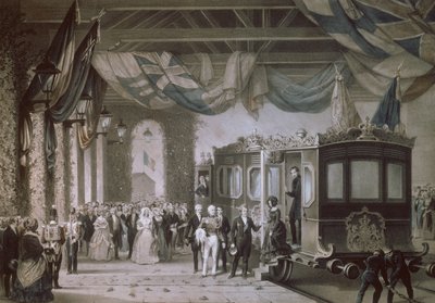 Kuningatar Victoria (1819-1901) ja prinssi Albert (1819-61) saapuvat Gosportin asemalle, Hampshire, kaiverrus Bayot & Cuvilier, 1846 tekijältä Edouard Pingret