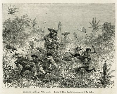 Lapsijoukko metsästi perhosia, mukana kirjailija, Villavicensio (Kolumbia), piirtänyt Riou havainnollistamaan tarinaa Equinoxiale Americasta (Kolumbia, Ecuador, Peru) vuosina 1875-1876, kirjoittanut Ed. andre, F:n tehtävästä vastaava matkustaja tekijältä Edouard Riou