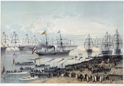 Hänen Majesteettinsa Itävallan keisarin saapuminen Port Saidiin G. Nicolen Suezin kanavan avajaisissa. 1869 tekijältä Edouard Riou