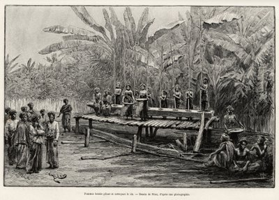 Batak-naiset, pohjoisen Sumatran etninen ryhmä, jyskyttävä ja puhdistava riisiä. Rioun kaiverrus havainnollistamaan tarinaa "vuosi Malesiassa", Jules Claine (1856-1939) tekijältä Edouard Riou