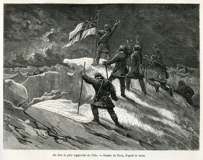 Kapteeni George Strong Nares (1831-1915) istutti Britannian lipun lähimpänä napaa olevaan paikkaan Rioun piirustuksena havainnollistamaan kapteeni G.S.Naresin tarinaa matkasta napamerelle vuosina 1875-1876. Kaiverrus kirjassa Le tour du monde tekijältä Edouard Riou