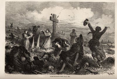 Rioun piirustus Cuzcon morts-juhlasta, joka havainnollistaa Paul Marcoyn matkaa Etelä-Amerikan halki vuosina 1848–1860. Kaiverrus kirjaan "" Le tour du monde", toimittanut Edouard Charton tekijältä Edouard Riou