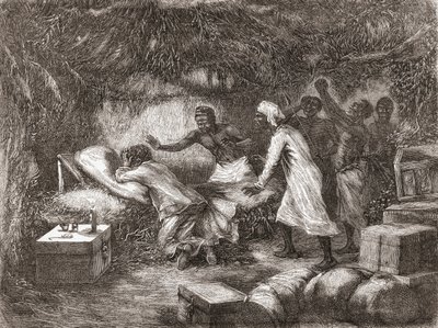 Tohtori Livingstonen kuolema Tchitammbon kylässä Afrikassa vuonna 1873, kuva teoksesta "The World in the Hands", julkaistu 1878 tekijältä Edouard Riou