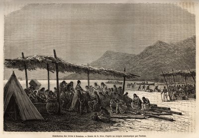 Ruoan jako Keauhoussa vuoden 1868 maanjäristyksen ja tulivuorenpurkauksen jälkeen katastrofin uhreille, kaiverrus E.Rioun piirustuksen jälkeen, joka havainnollistaa C. de Varignyn matkaa Sandwichsaarille vuosina 1855-1869 julkaistu "" Le tekijältä Edouard Riou