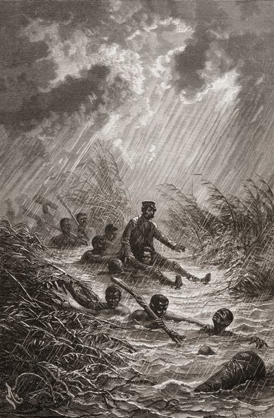 Tohtori David Livingstone kantoi suon läpi hänen Afrikan-retkellään vuonna 1872, kuvitus teoksesta "Maailma käsissä", kaiverrettu Charles Laplante tekijältä Edouard Riou