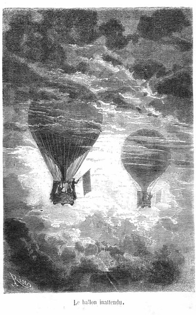 Piirros Jules Vernen kirjasta "Five weeks en Ballon" -kokoelma Hetzel/Extraordinary Travels. Victoria Balloon kohtaa toisen ilmapallon pilvissä tekijältä Edouard Riou