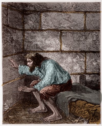 Edmond Dantes, alias Monte Criston (Monte Cristo) kreivi vankilassa - Rioun kaiverrus, Alexandre Dumasin kirjassa "Monte-Criston kreivi" tekijältä Edouard Riou