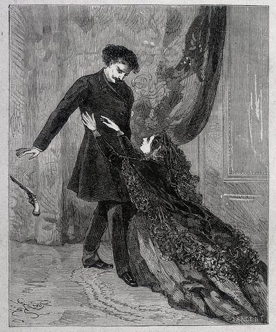 Edmond Dantes et Mercedes - Kaiverrus Riou, kirjassa "" Monte Criston kreivi"" (Monte-Cristo), kirjoittanut Alexandre Dumas pere (1802-1870), toim. Jules Rouff & Cie tekijältä Edouard Riou