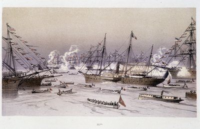 Kotkan sisäänkäynti Port Saidiin Suezin kanavan avajaisia varten - Rioun, Marius Fontainen "Suezin kannaksen läpi" tekijältä Edouard Riou